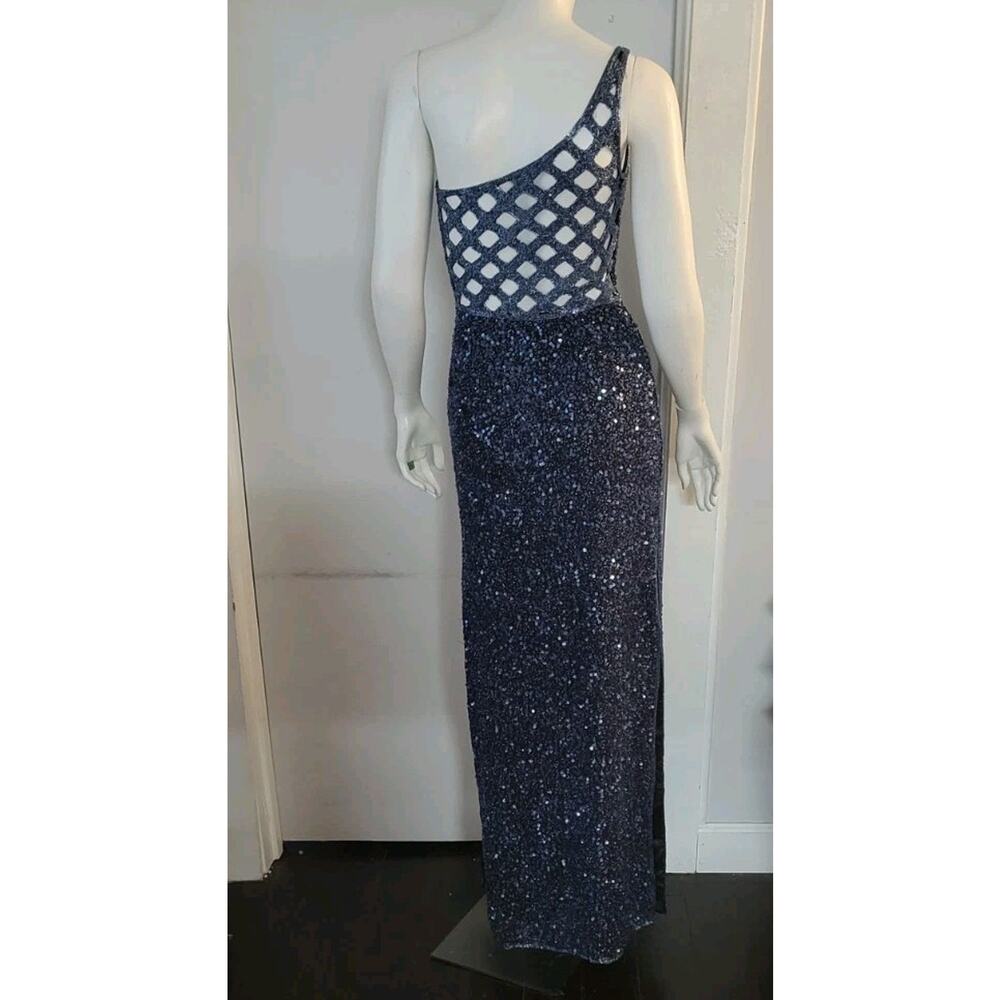 Scala Formal Dress 100% Silk Sz. S Navy Blue Beaded One Shoulder Lattice Back - Picture 2 of 14